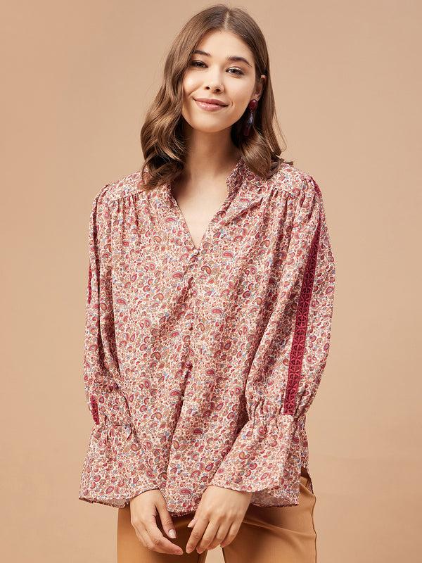 Gipsy Gipsy Women Beige Print Georgette Bishop Sleeve Mandarin Collar Tunic Beige