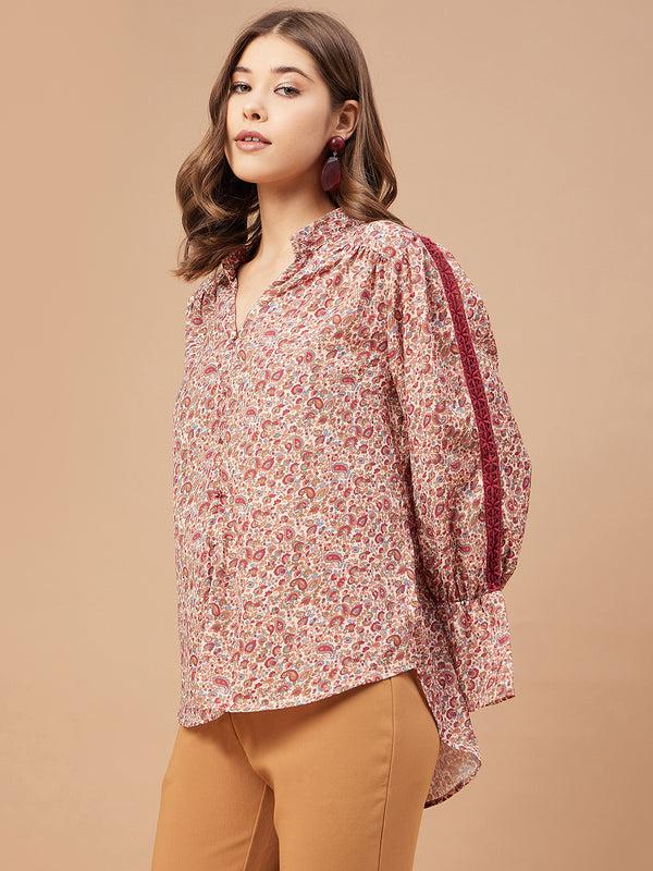 Gipsy Gipsy Women Beige Print Georgette Bishop Sleeve Mandarin Collar Tunic Beige