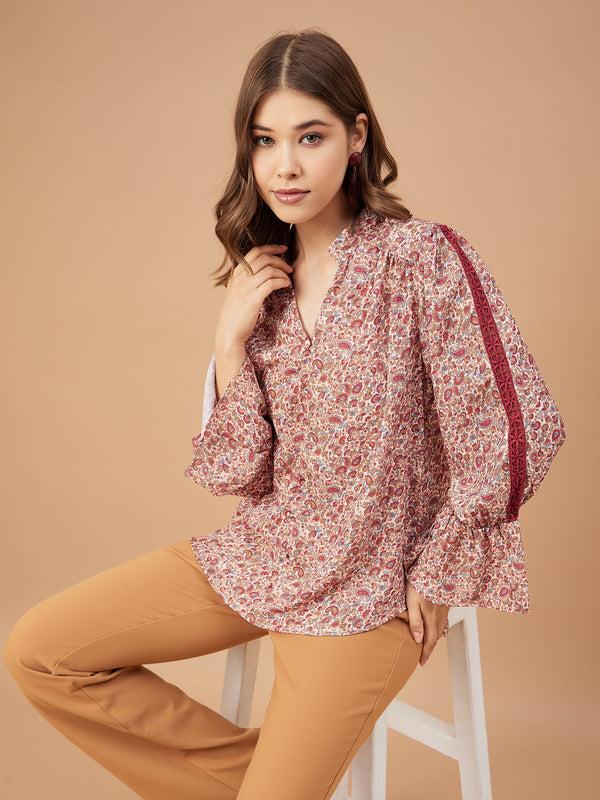 gipsy Gipsy Women Beige Print Georgette Bishop Sleeve Mandarin Collar Tunic Beige