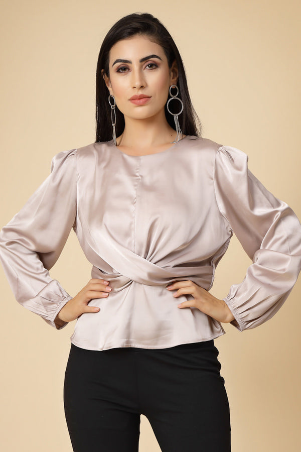 Gipsy Gipsy Women Beige Solid Satin Bishop Full Sleeve Round Neck Top Beige