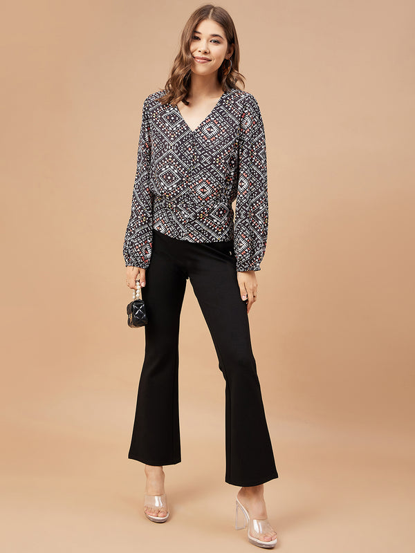 Gipsy Gipsy Women Black Print Georgette Bishop Sleeve V Neck Blouse Black