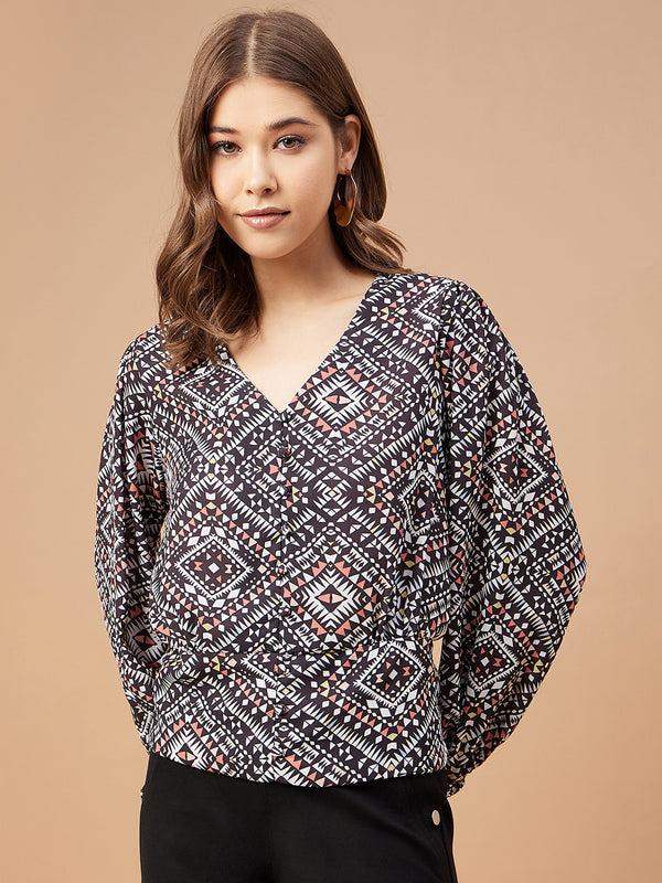 Gipsy Gipsy Women Black Print Georgette Bishop Sleeve V Neck Blouse Black
