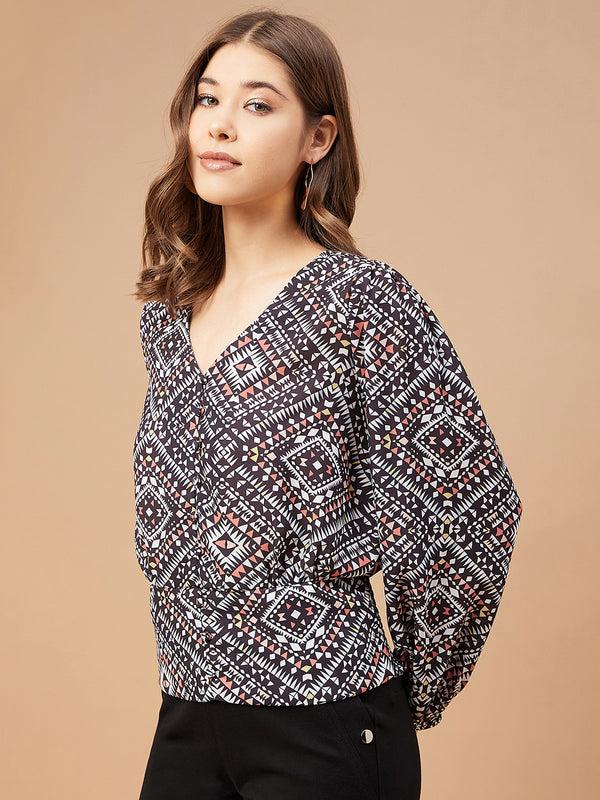 Gipsy Gipsy Women Black Print Georgette Bishop Sleeve V Neck Blouse Black