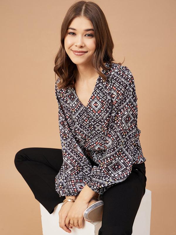 gipsy Gipsy Women Black Print Georgette Bishop Sleeve V Neck Blouse Black