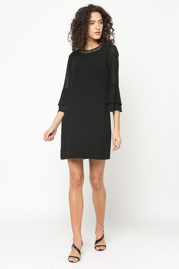 Gipsy Gipsy Women Black Round Neck 3/4 Quarter Sleeves Dress Black