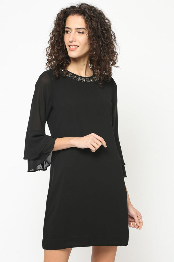 gipsy Gipsy Women Black Round Neck 3/4 Quarter Sleeves Dress Black