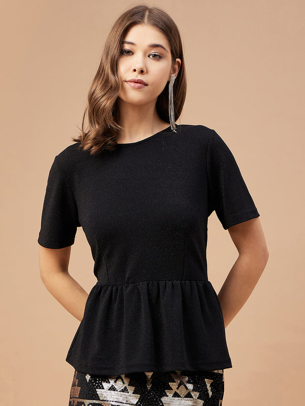 Gipsy Gipsy Women Black Solid Polyester Bishop Sleeve Round Neck Blouse Black