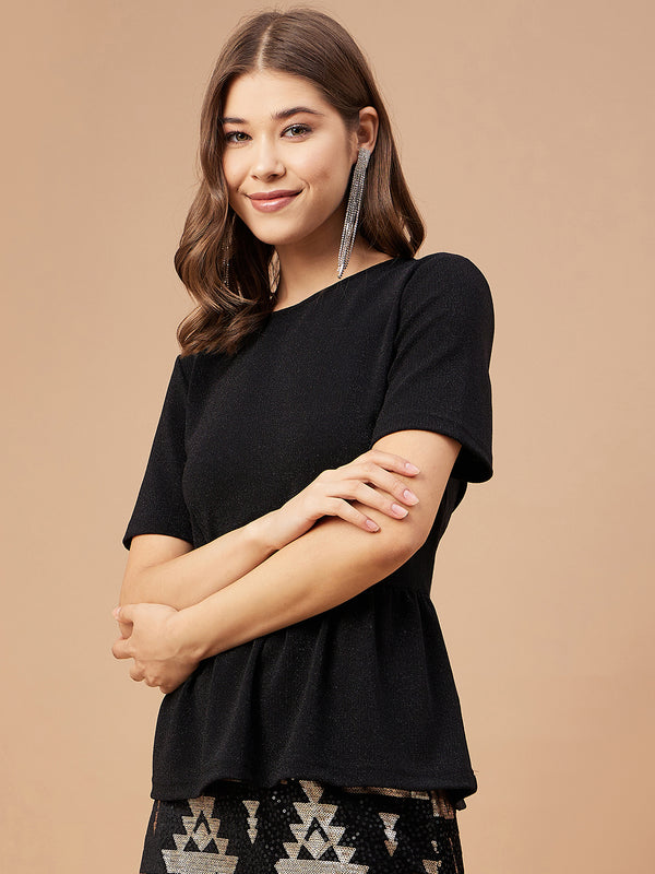 Gipsy Gipsy Women Black Solid Polyester Bishop Sleeve Round Neck Blouse Black