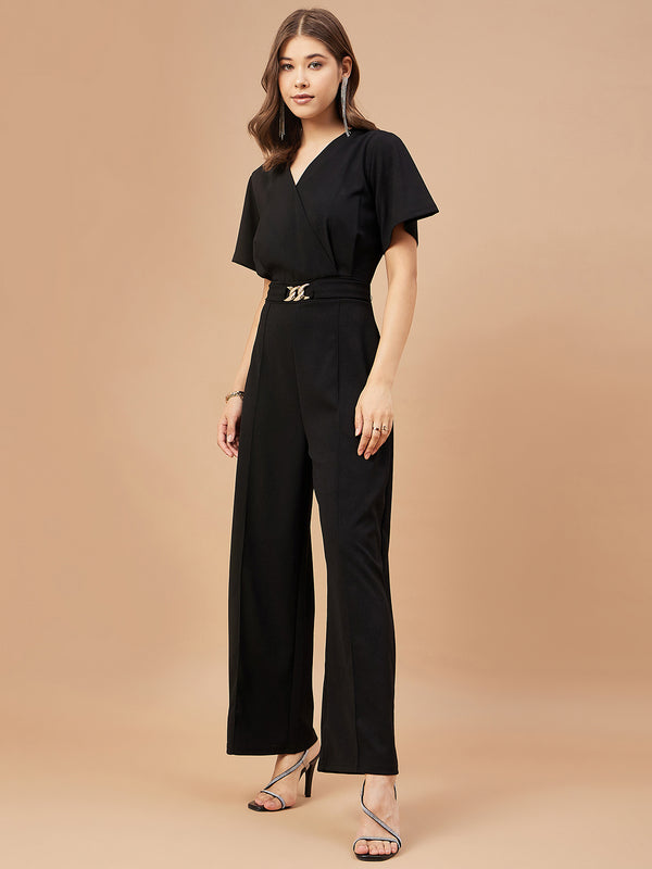 Gipsy Gipsy Women Black Solid Polyester Flutter Sleeve V Neck Jumpsuit Black