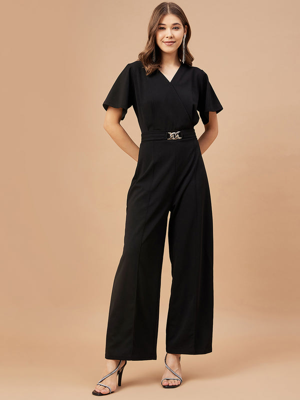 Gipsy Gipsy Women Black Solid Polyester Flutter Sleeve V Neck Jumpsuit Black
