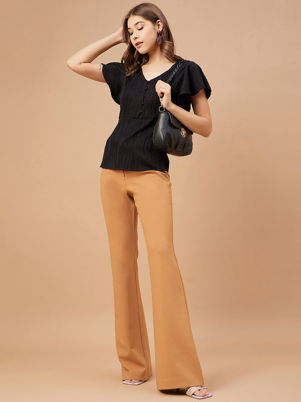 Gipsy Gipsy Women Black Solid Polyester Flutter Sleeve V Neck Blouse Black