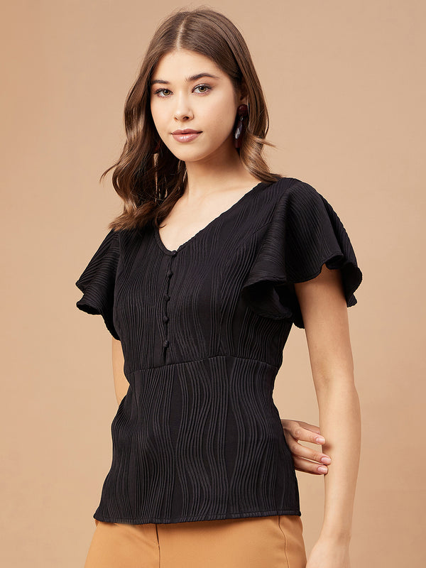 Gipsy Gipsy Women Black Solid Polyester Flutter Sleeve V Neck Blouse Black