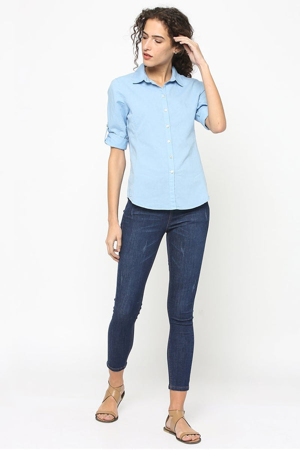 Gipsy Gipsy Women Blue Collar Neck 3/4 Quarter Sleeves Top Blue