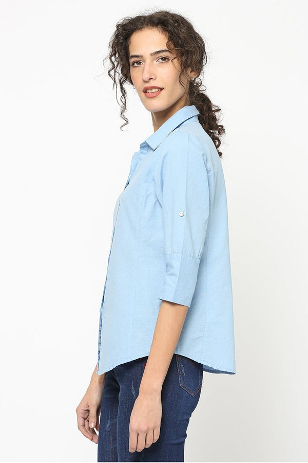 Gipsy Gipsy Women Blue Collar Neck 3/4 Quarter Sleeves Top Blue