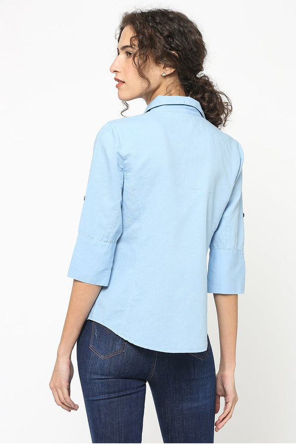 Gipsy Gipsy Women Blue Collar Neck 3/4 Quarter Sleeves Top Blue