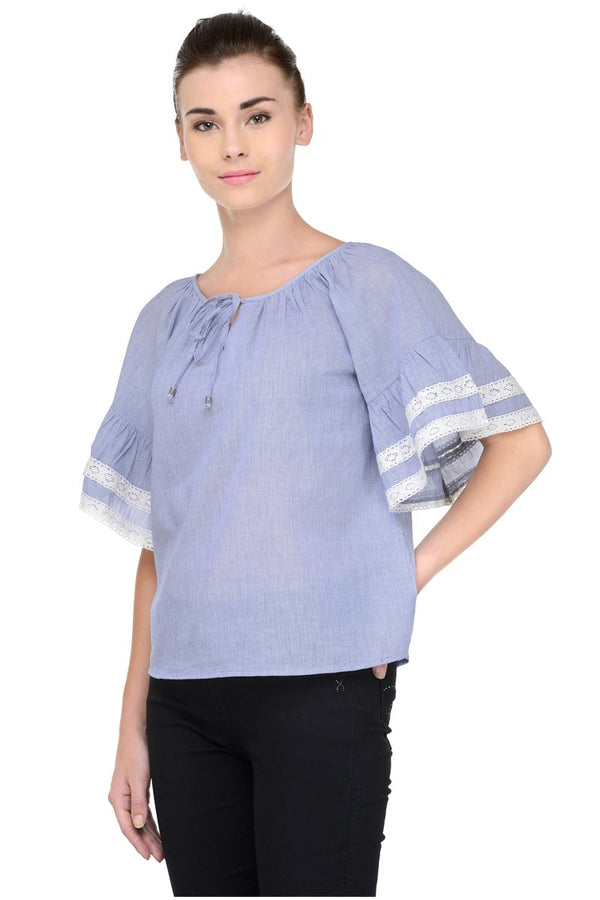 Gipsy Gipsy Women Blue Round Neck With Dori Half Ruffle Sleeves Top Blue