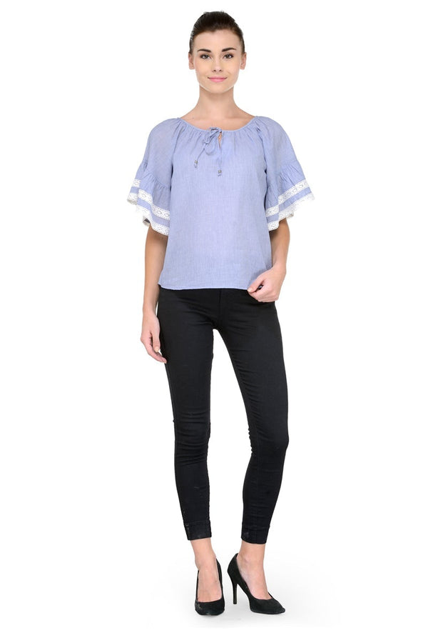 Gipsy Gipsy Women Blue Round Neck With Dori Half Ruffle Sleeves Top Blue