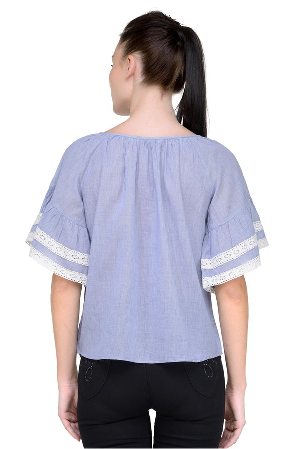 Gipsy Gipsy Women Blue Round Neck With Dori Half Ruffle Sleeves Top Blue
