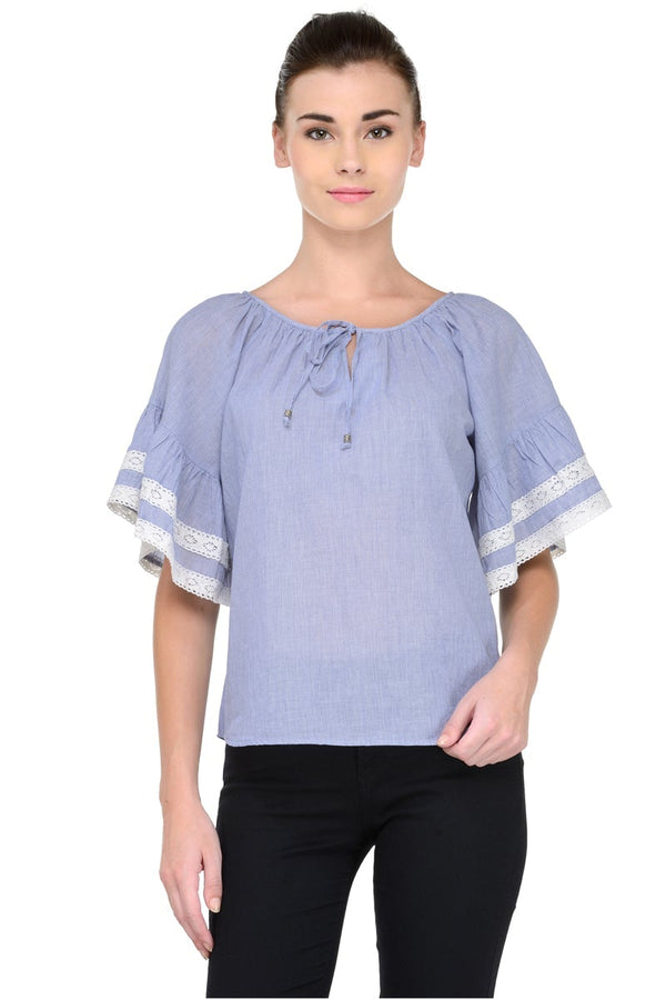 gipsy Gipsy Women Blue Round Neck with dori Half Ruffle Sleeves Top Blue