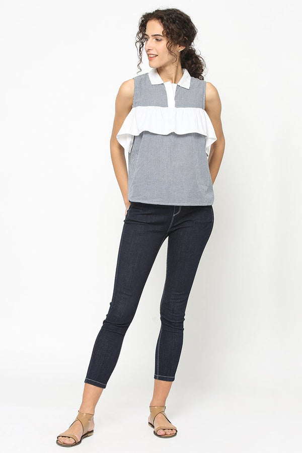 Gipsy Gipsy Women Blue Strip Collar Neck Sleeveless Top Blue Strip