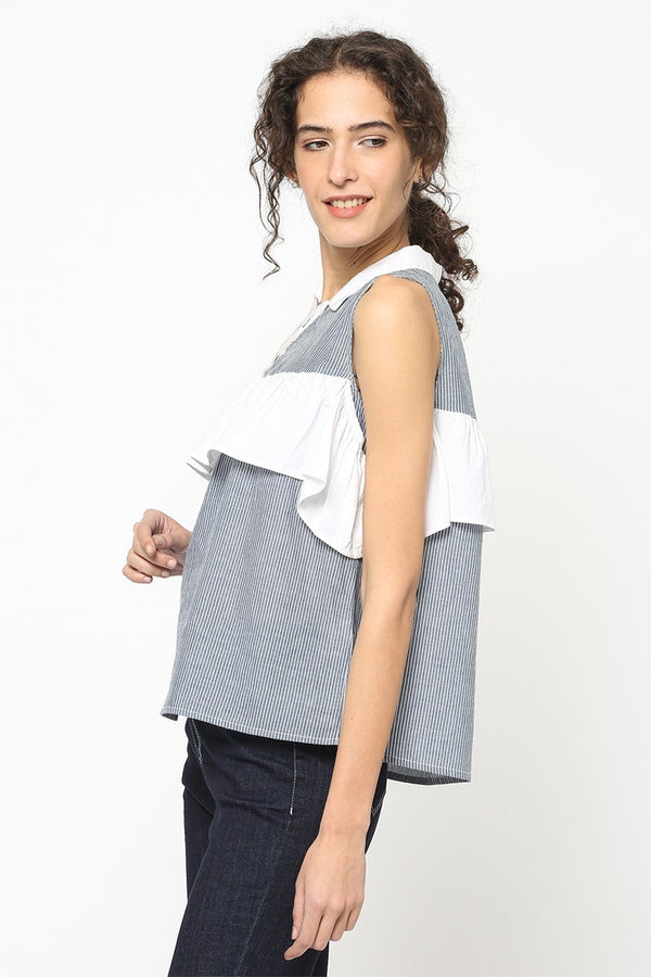 Gipsy Gipsy Women Blue Strip Collar Neck Sleeveless Top Blue Strip