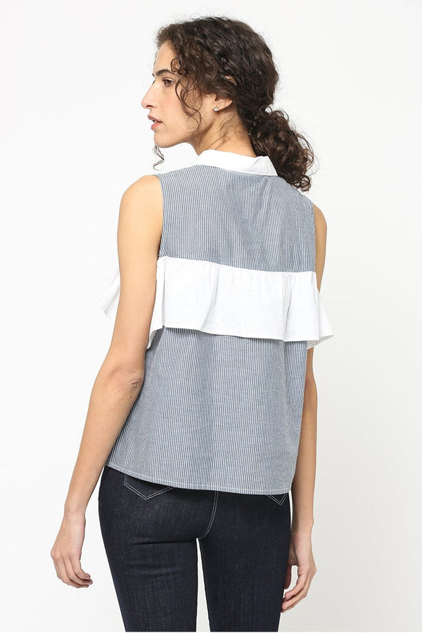 Gipsy Gipsy Women Blue Strip Collar Neck Sleeveless Top Blue Strip