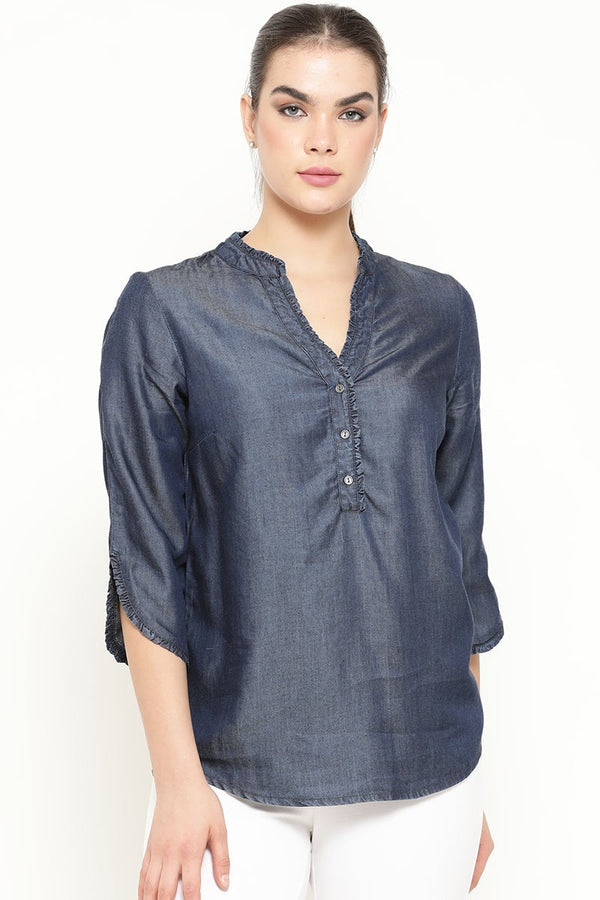 Gipsy Gipsy Women Blue V Neck 3/4 Quarter Sleeves Tunic Blue