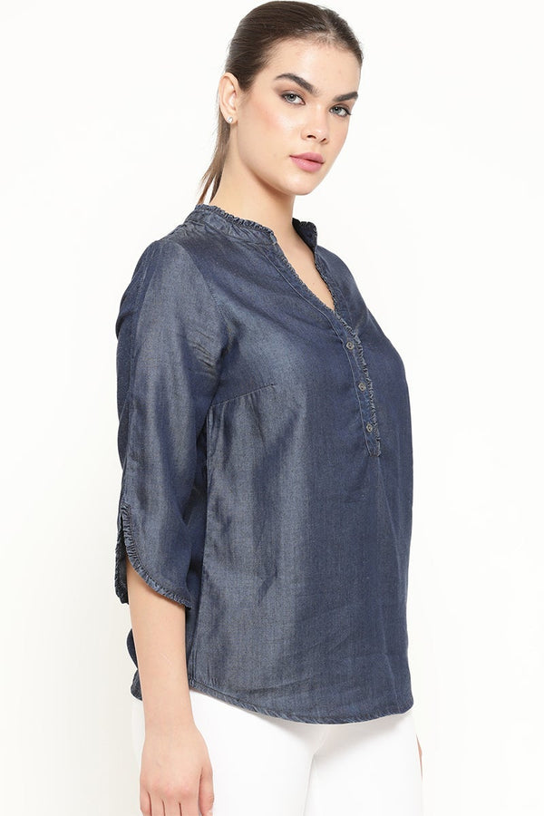 Gipsy Gipsy Women Blue V Neck 3/4 Quarter Sleeves Tunic Blue