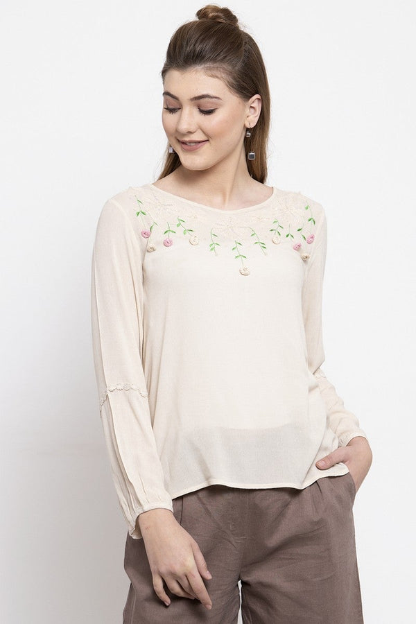 Gipsy Gipsy Women Boat Neck Full Sleeve Cream Top Cream