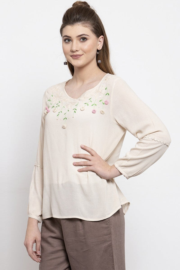 gipsy Gipsy Women Boat Neck Full Sleeve Cream Top Cream