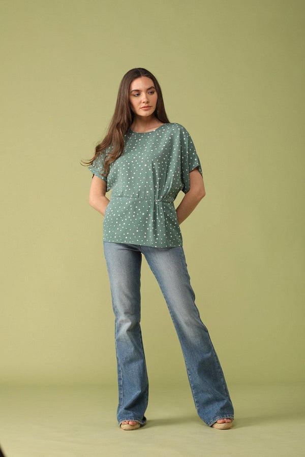 Gipsy Gipsy Women Boat Neck Short Sleeves Solid Olive Color Tops Olive