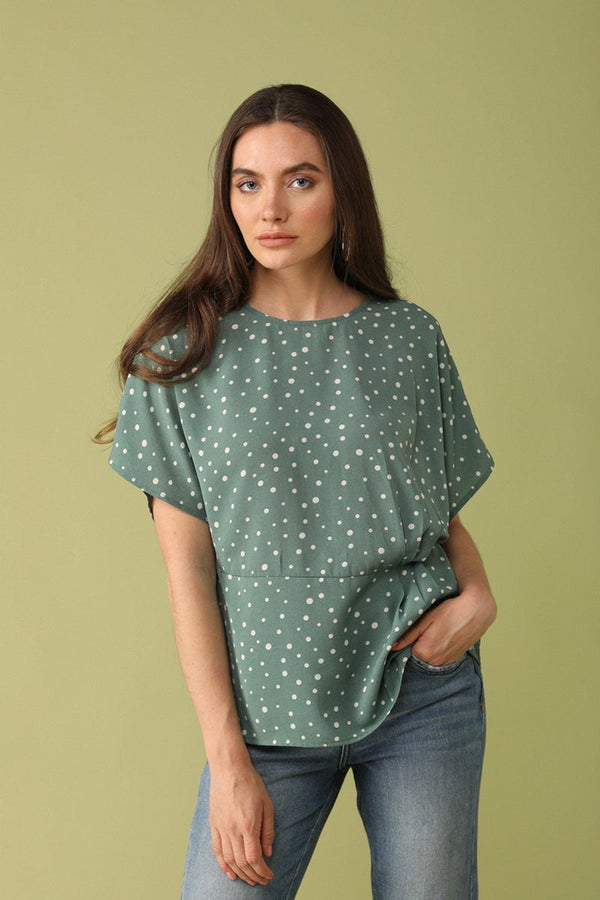 Gipsy Gipsy Women Boat Neck Short Sleeves Solid Olive Color Tops Olive