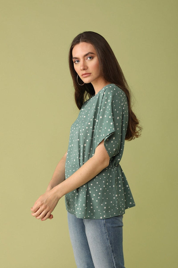 Gipsy Gipsy Women Boat Neck Short Sleeves Solid Olive Color Tops Olive