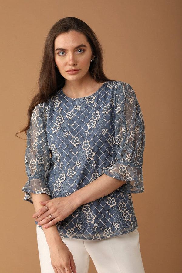 Gipsy Gipsy Women Boat Neck Three-Quarter Sleeves Self Design Grey Blue Color Tops Grey Blue