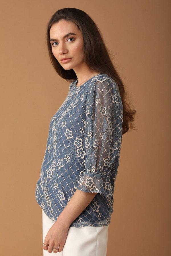 Gipsy Gipsy Women Boat Neck Three-Quarter Sleeves Self Design Grey Blue Color Tops Grey Blue