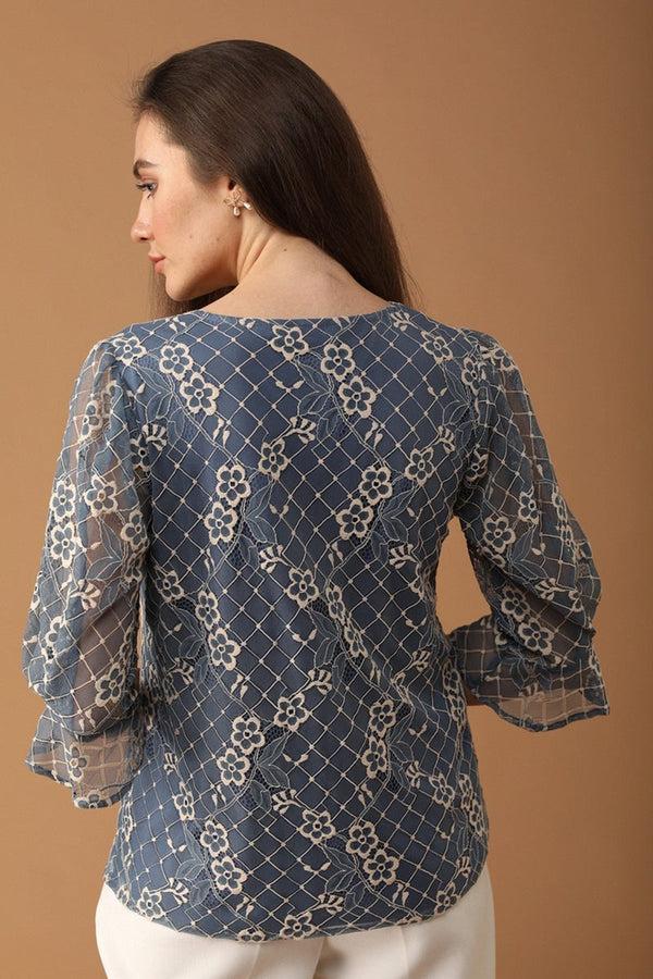 Gipsy Gipsy Women Boat Neck Three-Quarter Sleeves Self Design Grey Blue Color Tops Grey Blue