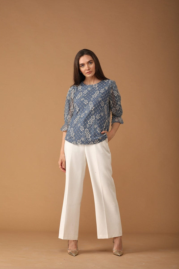 gipsy Gipsy Women Boat Neck Three-Quarter Sleeves Self Design Grey Blue Color Tops Grey Blue