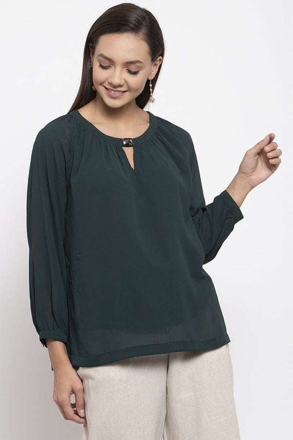 Gipsy Gipsy Women Bottle Green Round Neck Full Sleeves Tunic Bottle Green