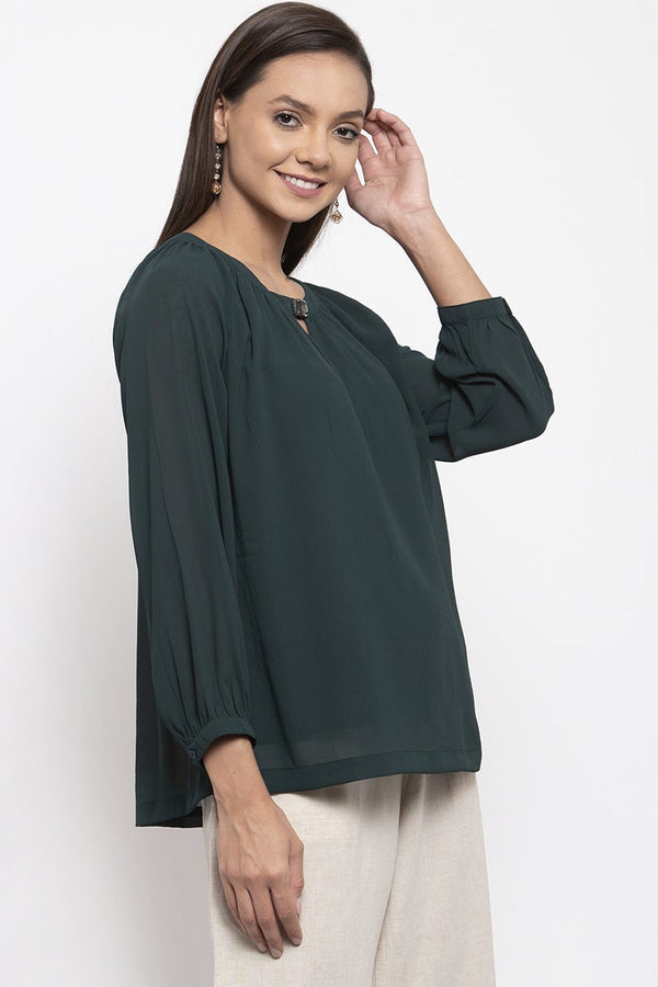 Gipsy Gipsy Women Bottle Green Round Neck Full Sleeves Tunic Bottle Green