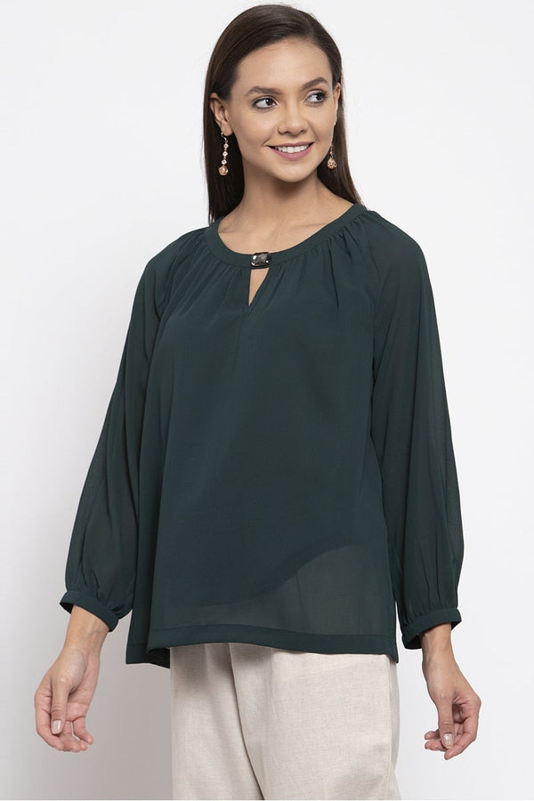 Gipsy Gipsy Women Bottle Green Round Neck Full Sleeves Tunic Bottle Green