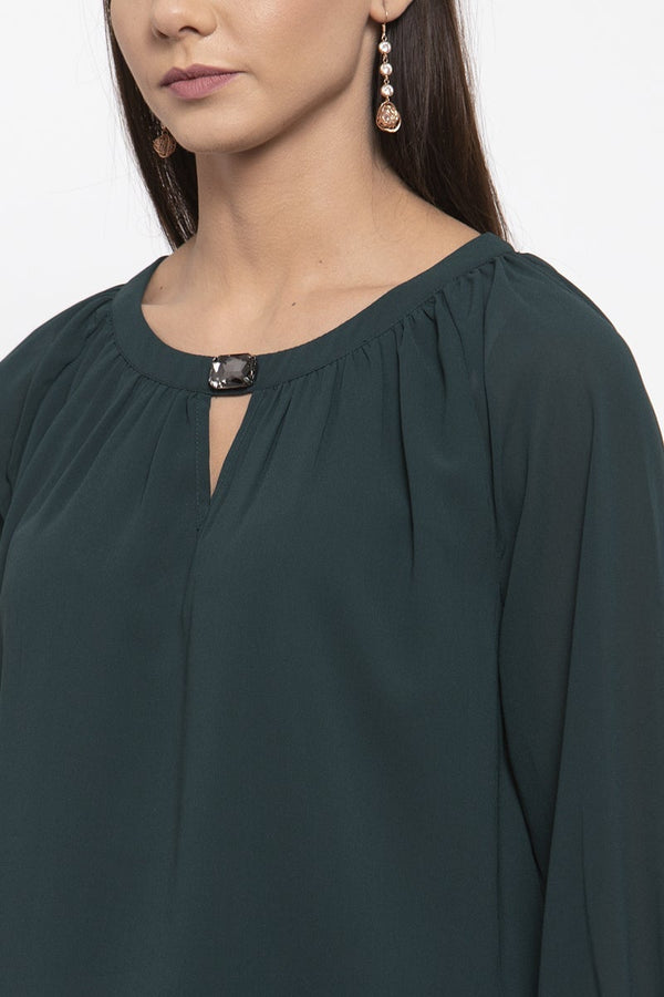 gipsy Gipsy Women Bottle Green Round Neck Full Sleeves Tunic Bottle Green