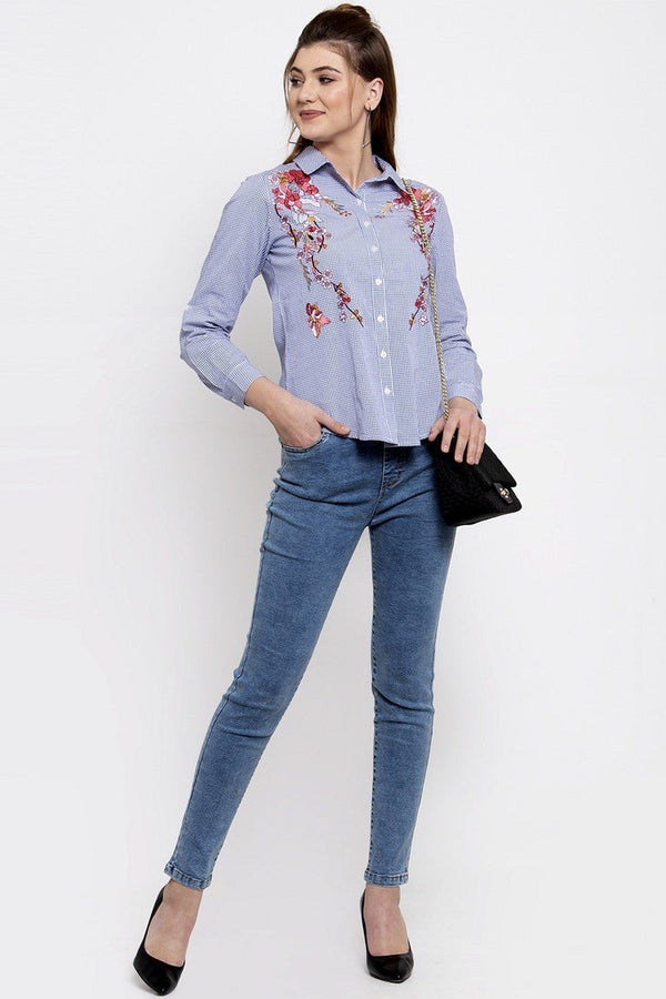 gipsy Gipsy Women Button Closure Full Sleeves Blue Shirt Blue