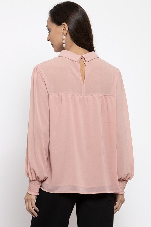 Gipsy Gipsy Women Choker Neck Long Sleeves Self Design Pink Color Tops Pink