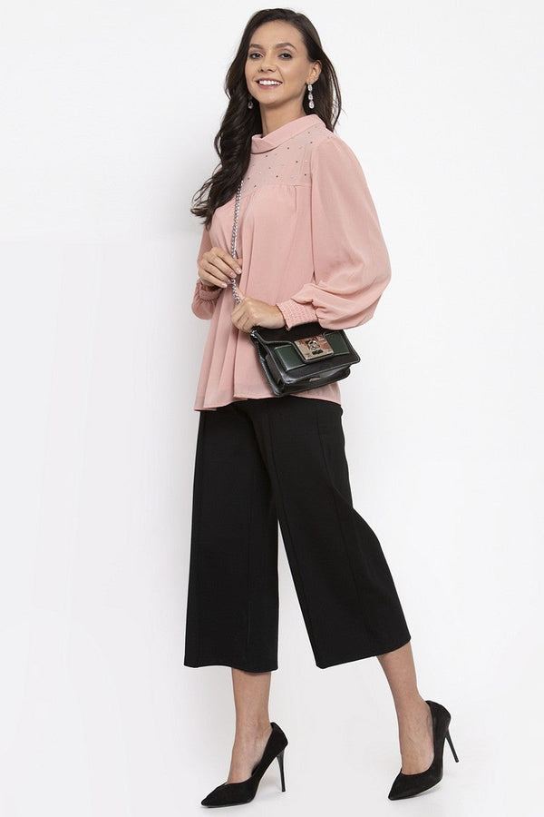 Gipsy Gipsy Women Choker Neck Long Sleeves Self Design Pink Color Tops Pink