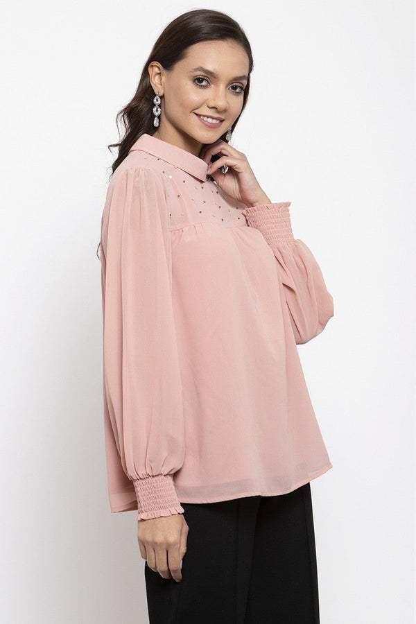 gipsy Gipsy Women Choker Neck Long Sleeves Self Design Pink Color Tops Pink