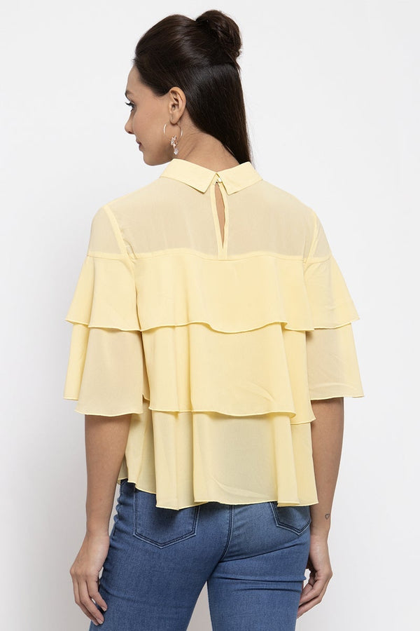 Gipsy Gipsy Women Choker Neck Short Sleeves Solid Yellow Color Tops Yellow