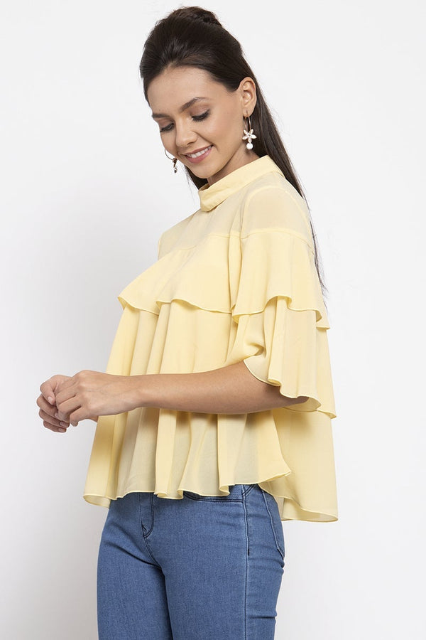 Gipsy Gipsy Women Choker Neck Short Sleeves Solid Yellow Color Tops Yellow