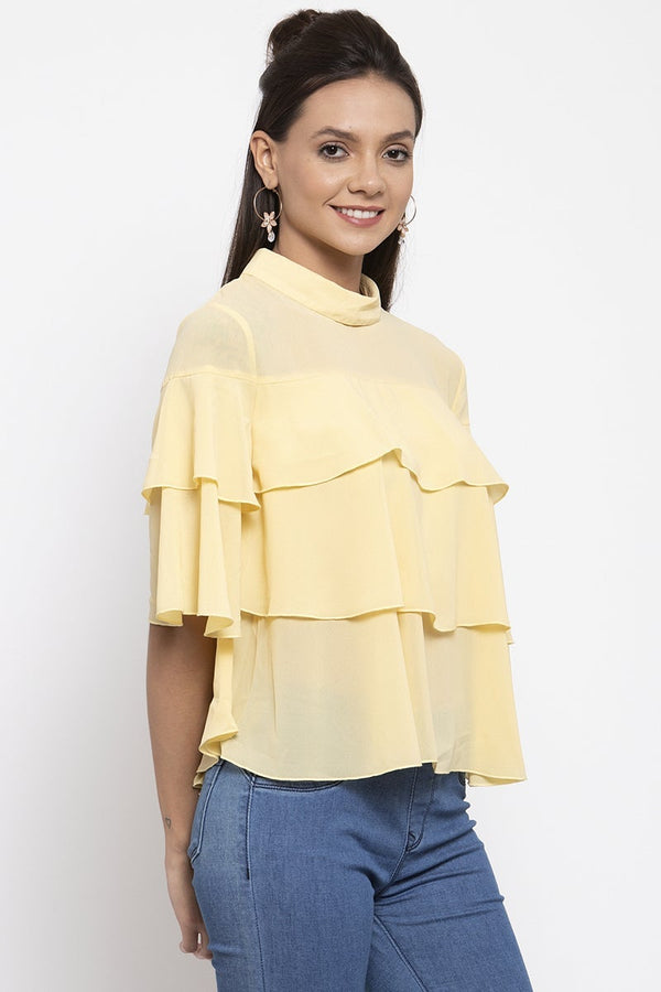 Gipsy Gipsy Women Choker Neck Short Sleeves Solid Yellow Color Tops Yellow