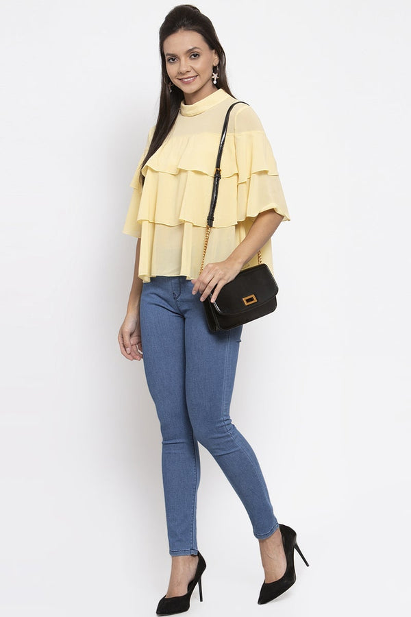 gipsy Gipsy Women Choker Neck Short Sleeves Solid Yellow Color Tops Yellow