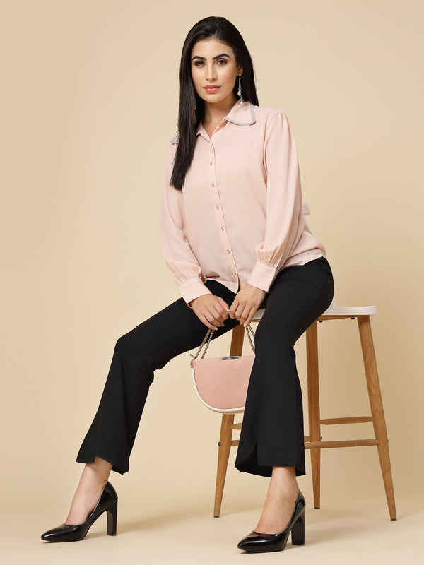 Gipsy Gipsy Women Clay Solid Georgette Bishop Full Sleeve Collared Resin Stone Detailing Neck Shirt Clay